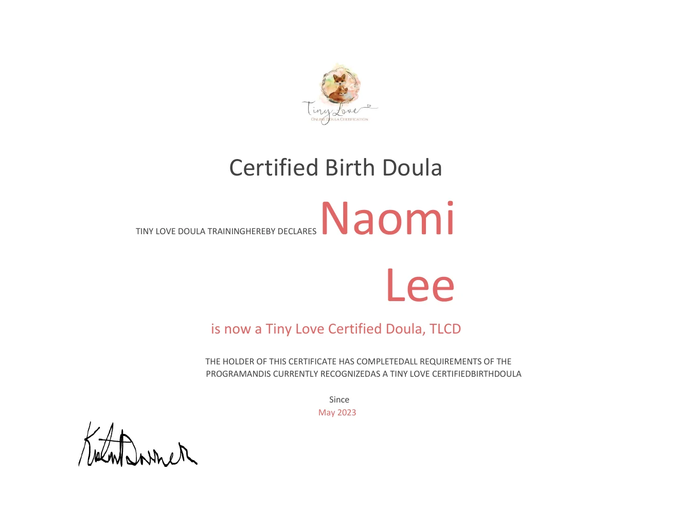 Certified Birth Doula (TLCD) document from Tiny Love Doula Training
