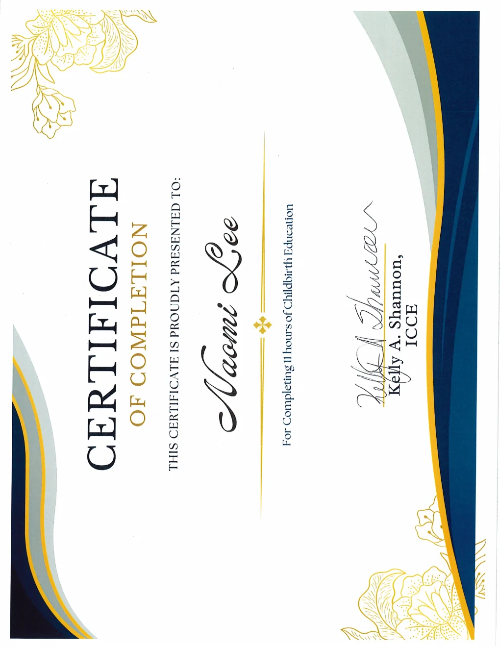 Childbirth education training document from Kelly A. Shannon, ICCE