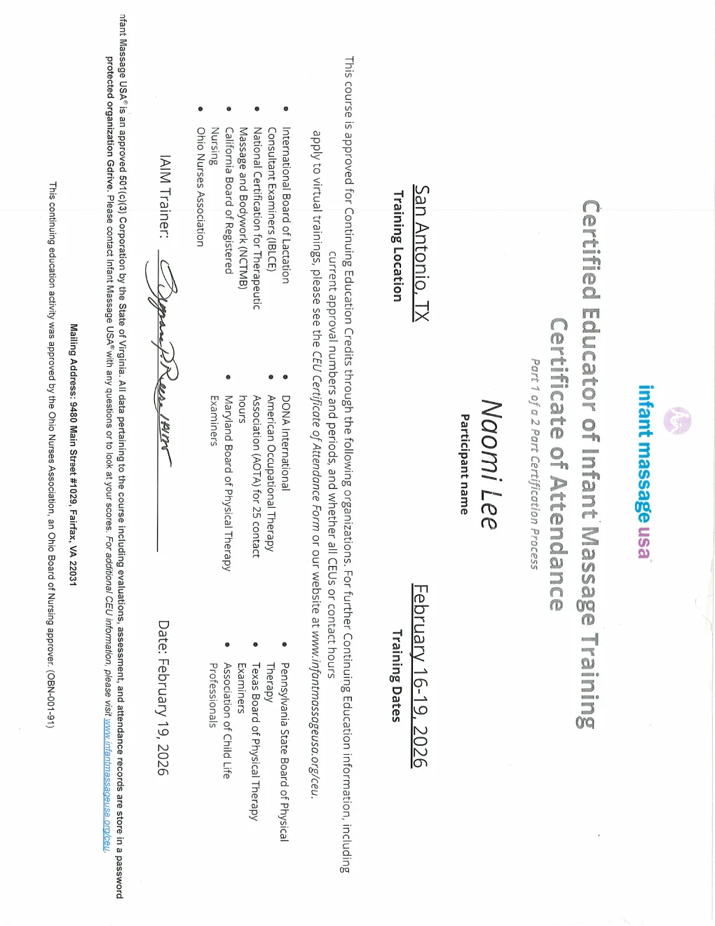 Infant massage educator training document from Infant Massage USA, San Antonio