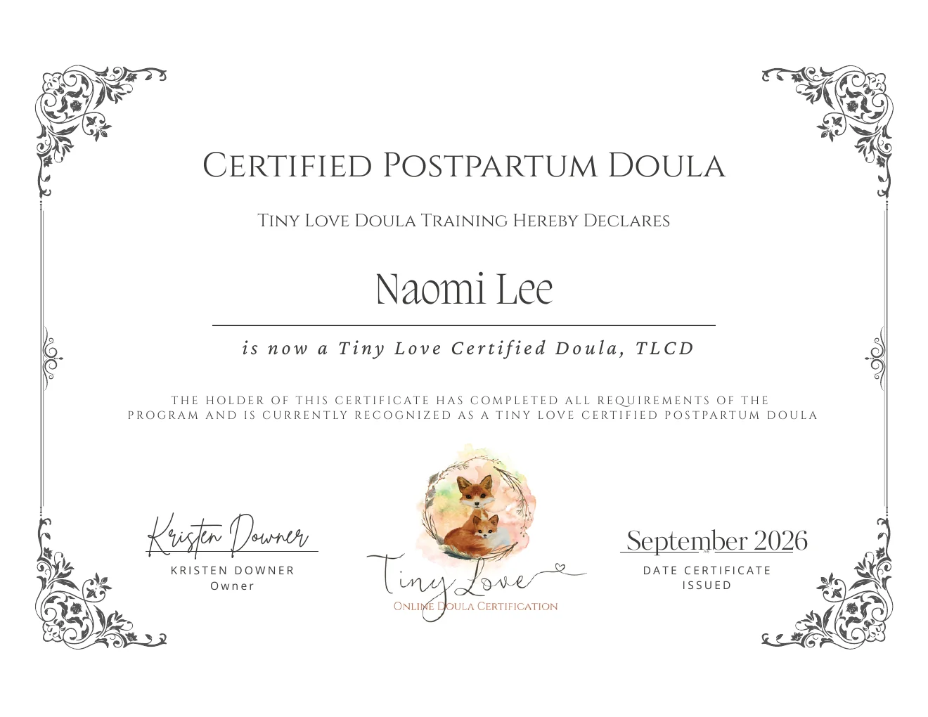 Certified Postpartum Doula document from Tiny Love Doula Training
