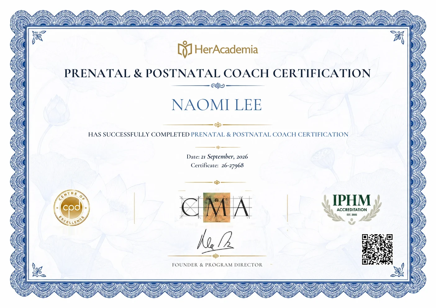 Prenatal & Postnatal Coach Certification document from HerAcademia