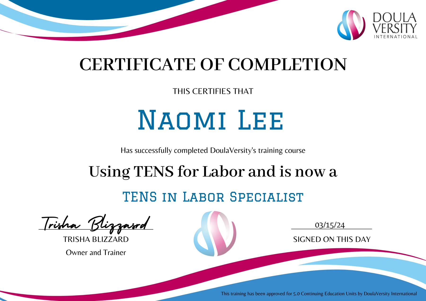 TENS in Labor Specialist document from DoulaVersity International